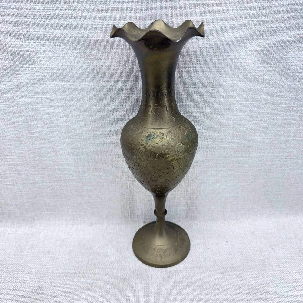 Vintage Etched Brass Bud Vase 11.5 Inch Ruffled Rim Floral Made in India